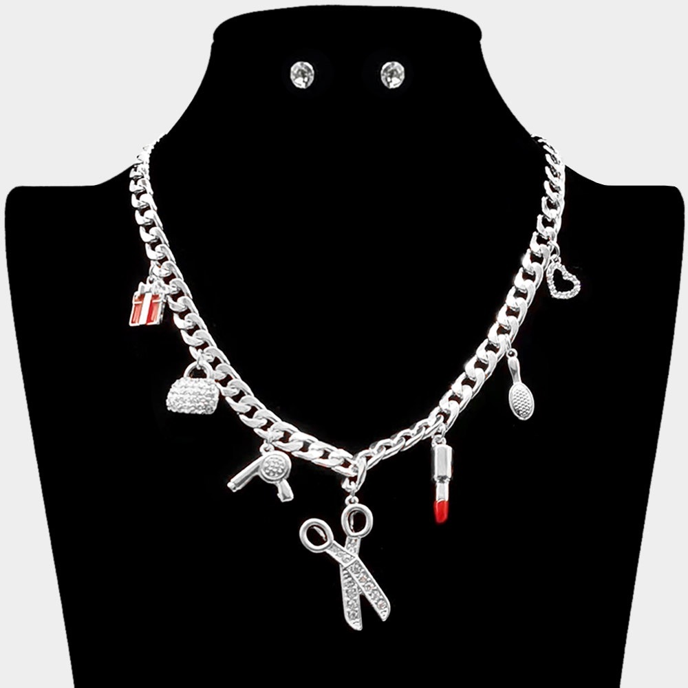 Silver scissor, lipstick, and bag charm necklace